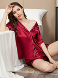 SilkSilky  Pure Silk Short Sleeve Lapel Women's Pajamas Wine 005