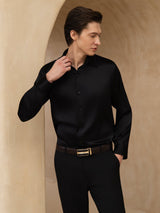 [Black] SilkSilky 19Momme Stretch Silk Charmeuse Long Sleeve Lapel Collar Men's Shirt 005