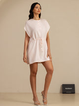 [Pink] SilkSilky 18Momme Silk Satin Surah Cap Sleeve Henley Neck Dress 006