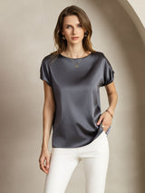 [Dark Gray] SilkSilky  19Momme Stretch Silk Charmeuse Short Sleeve Boat Neck Women's T-Shirt 004