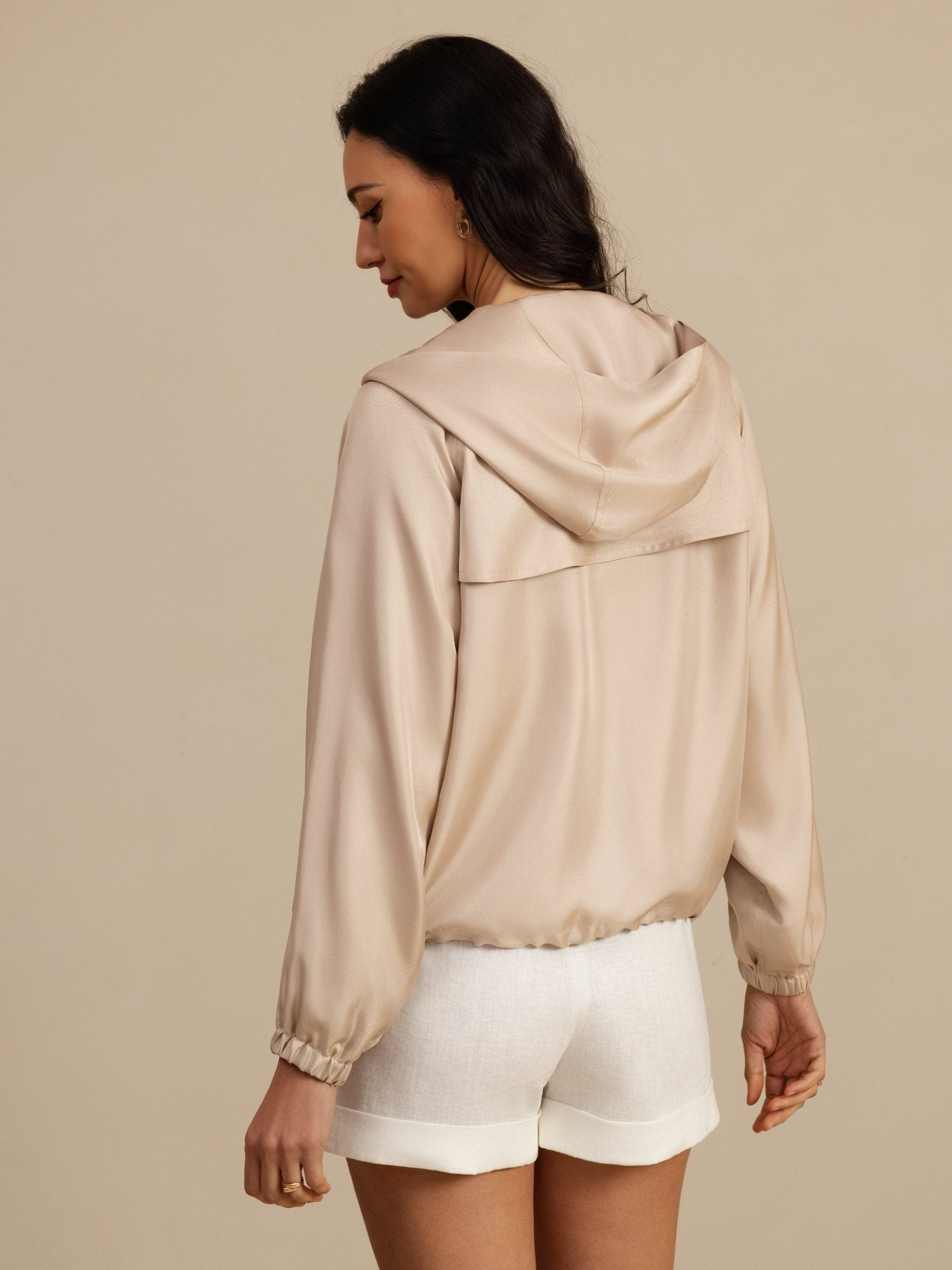 [Tan] SilkSilky Silk Satin Surah Long Sleeve High Neck Women's Outerwear 002