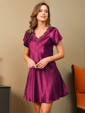 SilkSilky US Pure Silk Short Sleeve V Neck Nightgown Wine 004