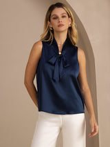 [Dark Blue] SilkSilky Sleeveless Tie Neck Camisole Top 001