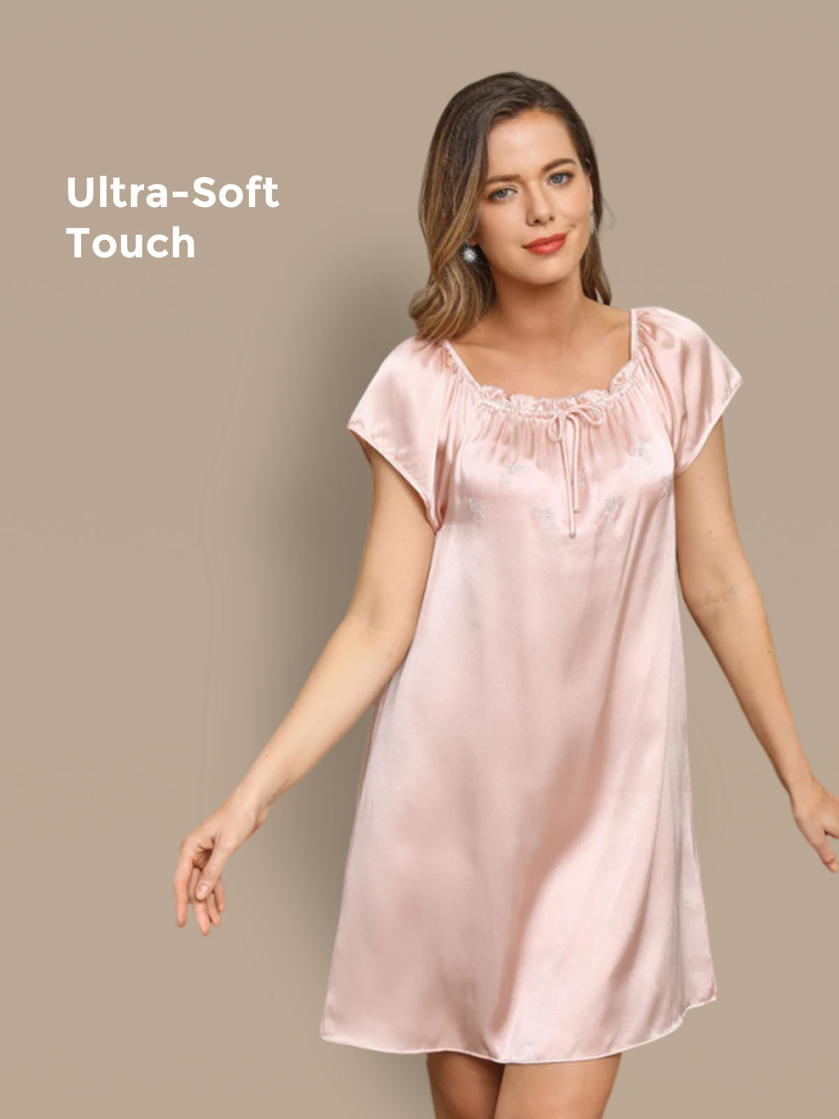 [Light Pink] SilkSilky  Pure Silk Tie Neck Nightgown 001