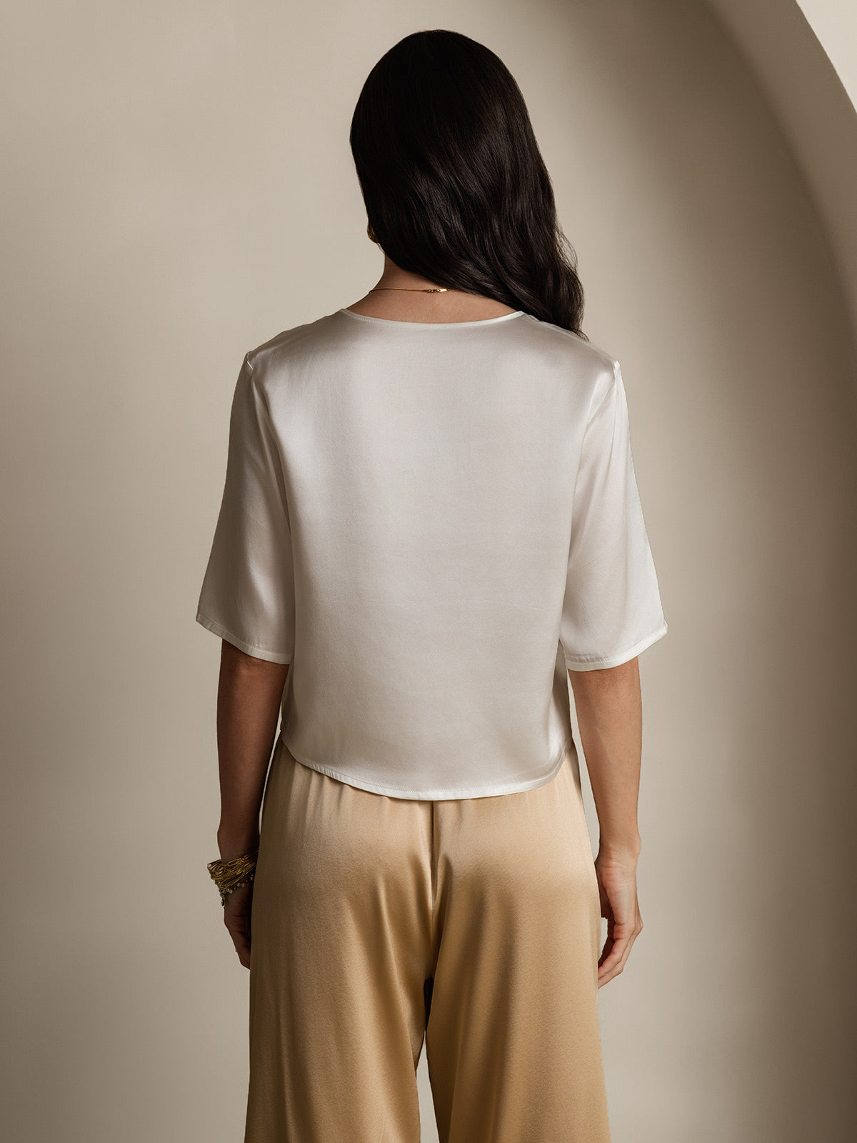 [White] SilkSilky  Pure Silk Boat Neck Women's T-Shirt 002