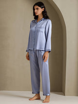 [Steel Blue] SilkSilky  Long Sleeve Lapel Collar Women's Pajamas 006