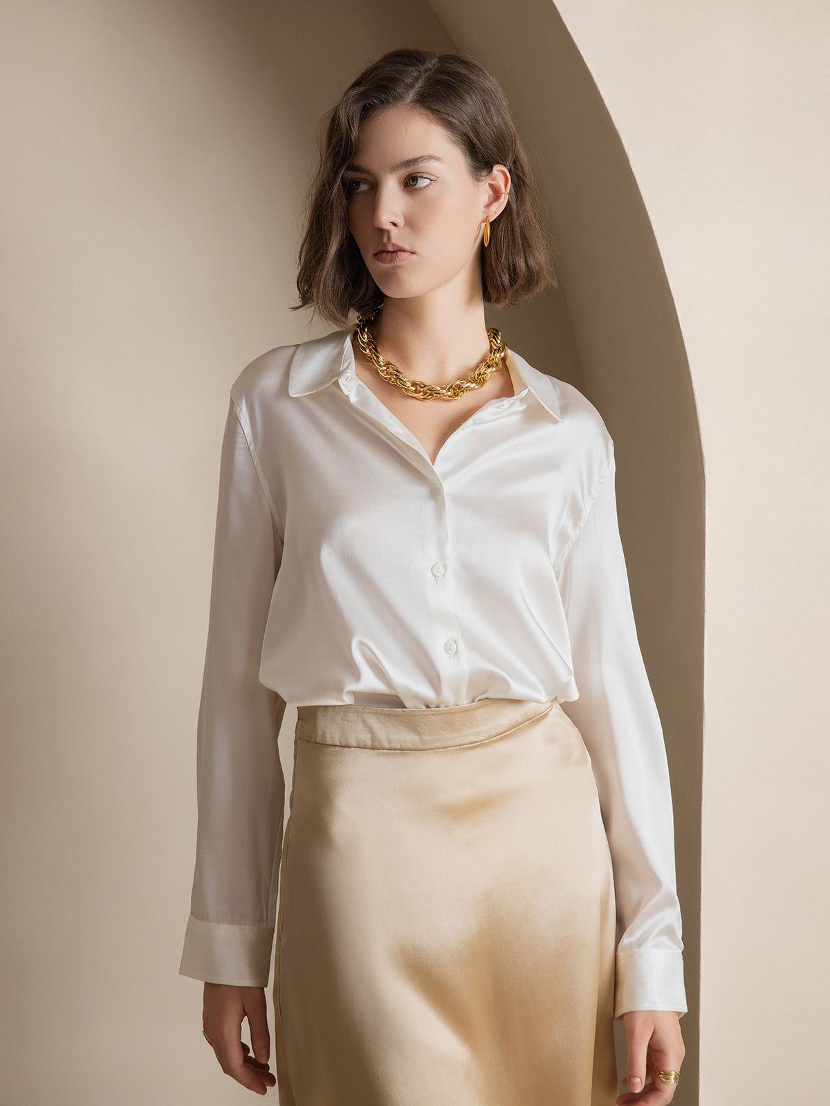 [White] SilkSilky  Silk Long Sleeve Lapel Collar Women's Shirt 001