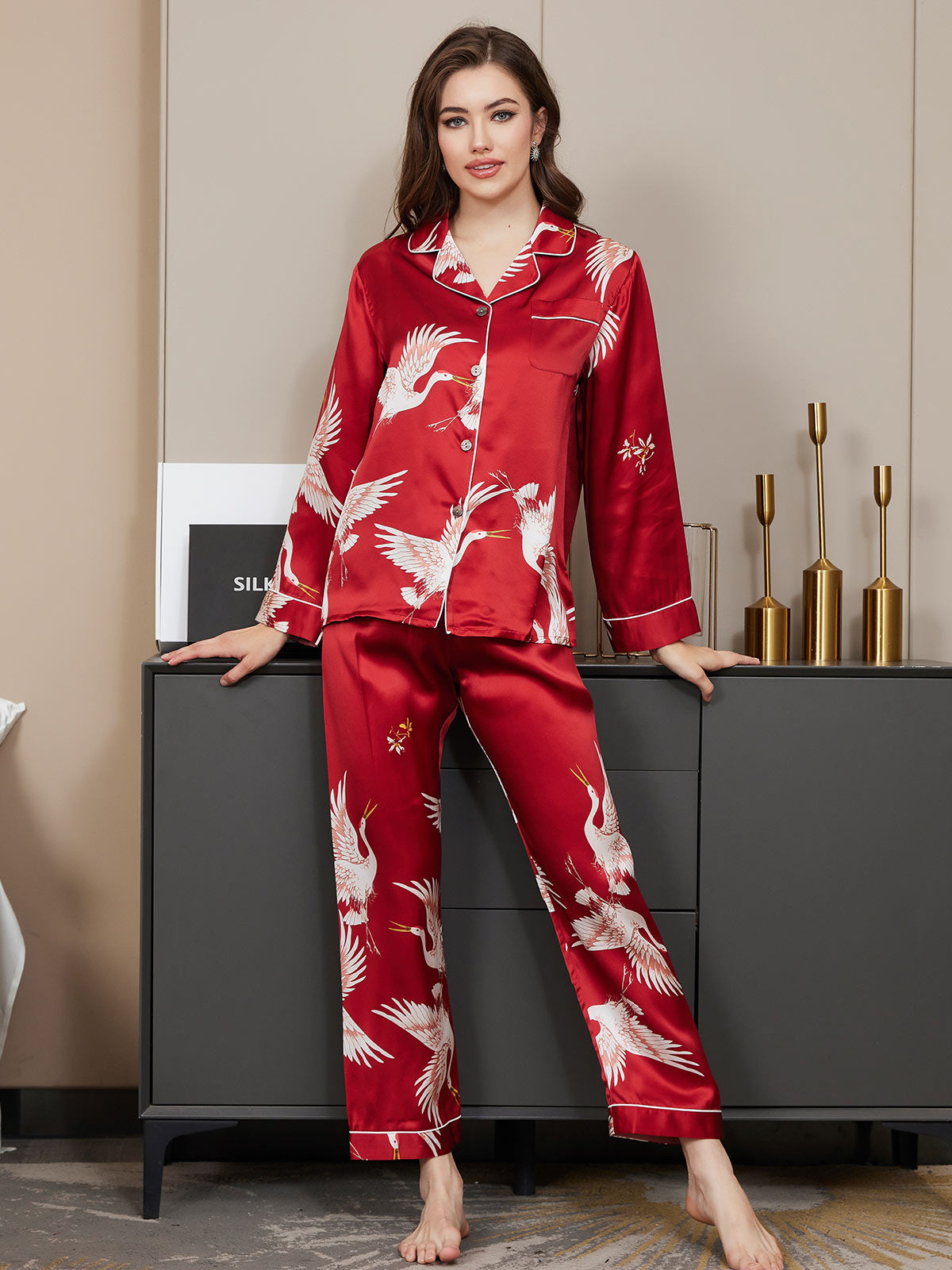 SilkSilky US 19Momme Pure Silk Long Sleeve Lapel Women's Pajamas DarkRed 003