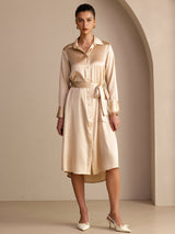 [Champagne] SilkSilky Long Sleeve Lapel Collar Dress 001