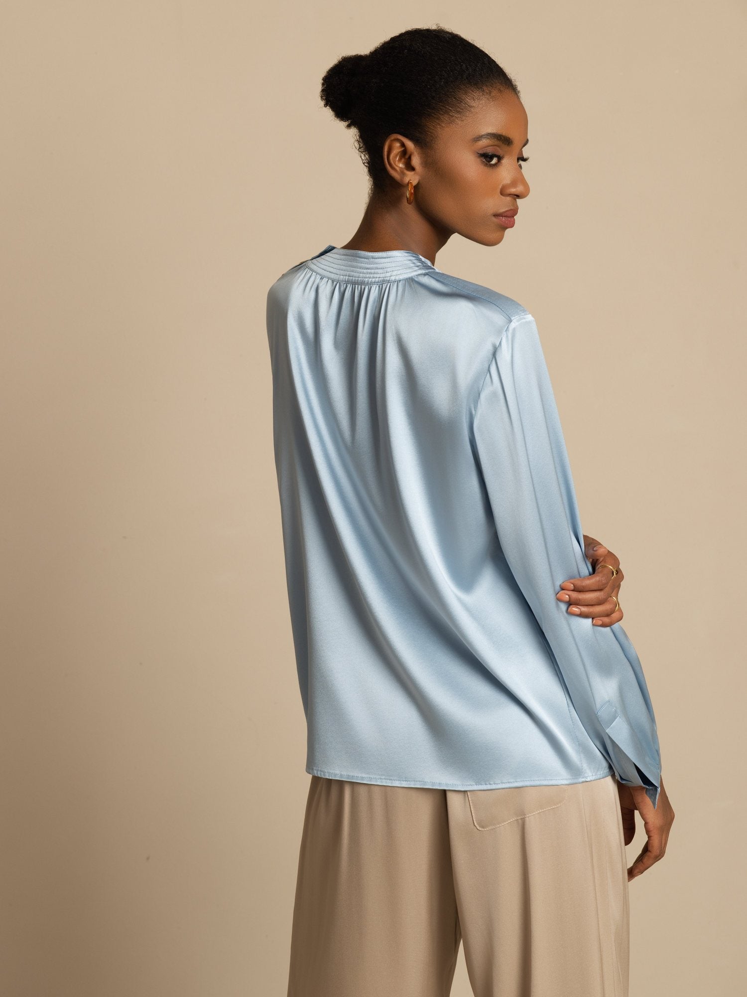 [GrayishBlue] SilkSilky 19Momme Silk Long Sleeve Round Neck Blouse 002