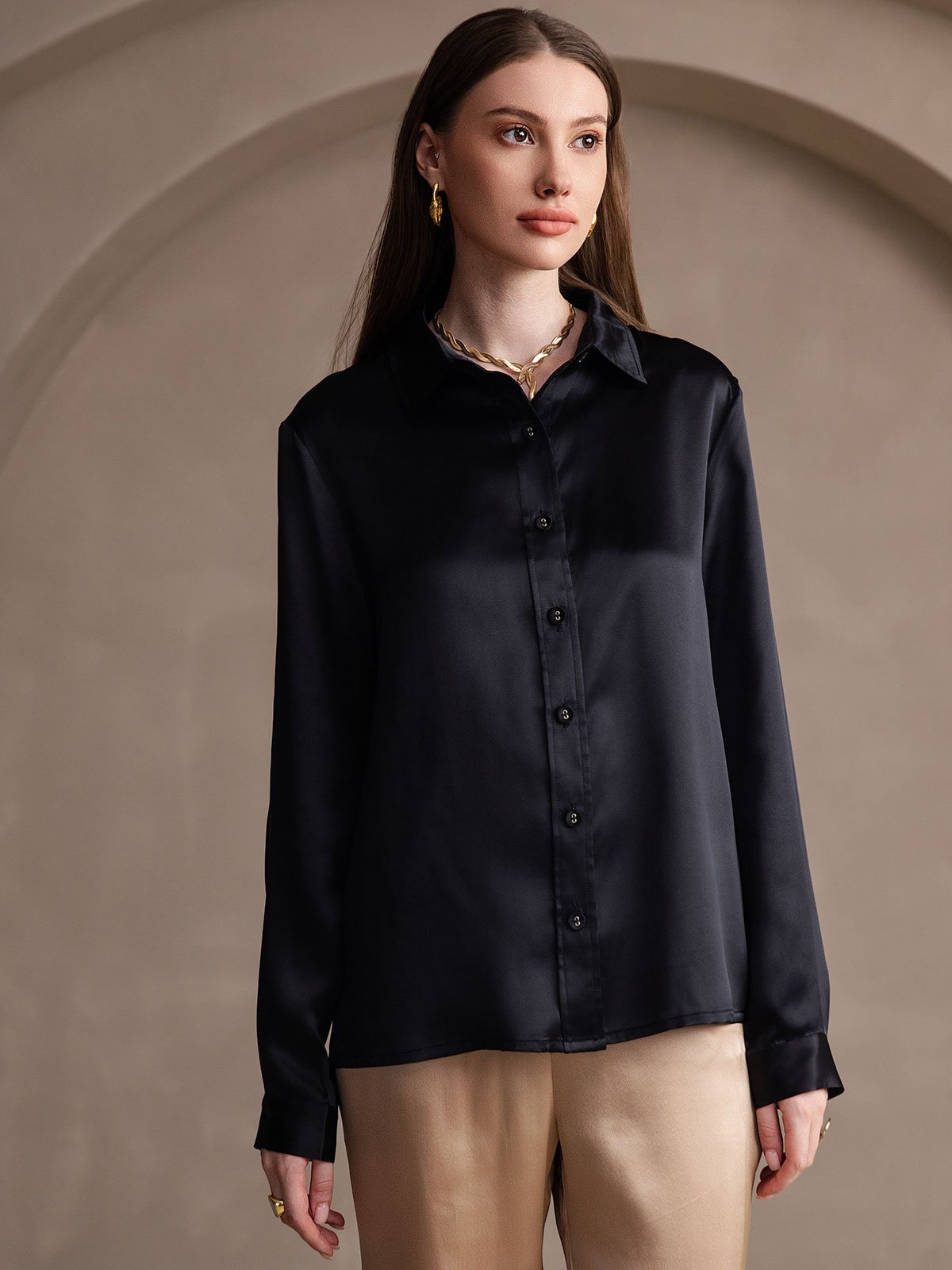 SilkSilky  19Momme Silk Long Sleeve Collar Women's Shirt Black 001