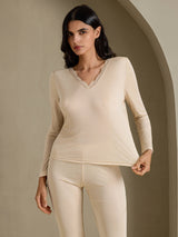 [Beige] SilkSilky  Long Sleeve V Neck Women's Long Johns 003