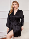 SilkSilky US Pure Silk Long Sleeve Deep V Neck Plus Size Robe Black 003