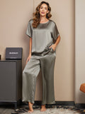 SilkSilky US Pure Silk Short Sleeve Round Neck Women's Pajamas GrayishGreen 001