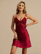[Wine] SilkSilky  Spaghetti Strap V Neck Nightgown 004