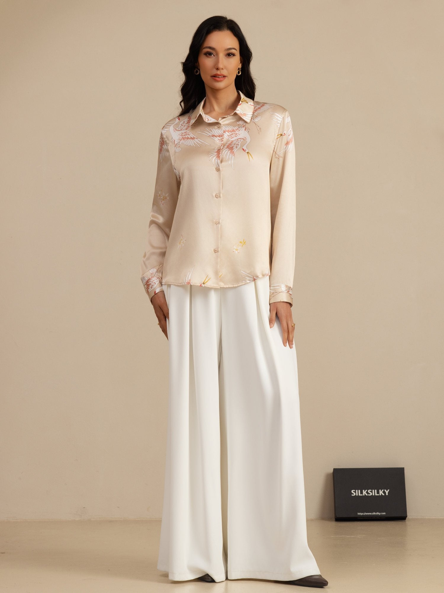 [Champagne] SilkSilky  19Momme Long Sleeve Lapel Collar Women's Shirt 007