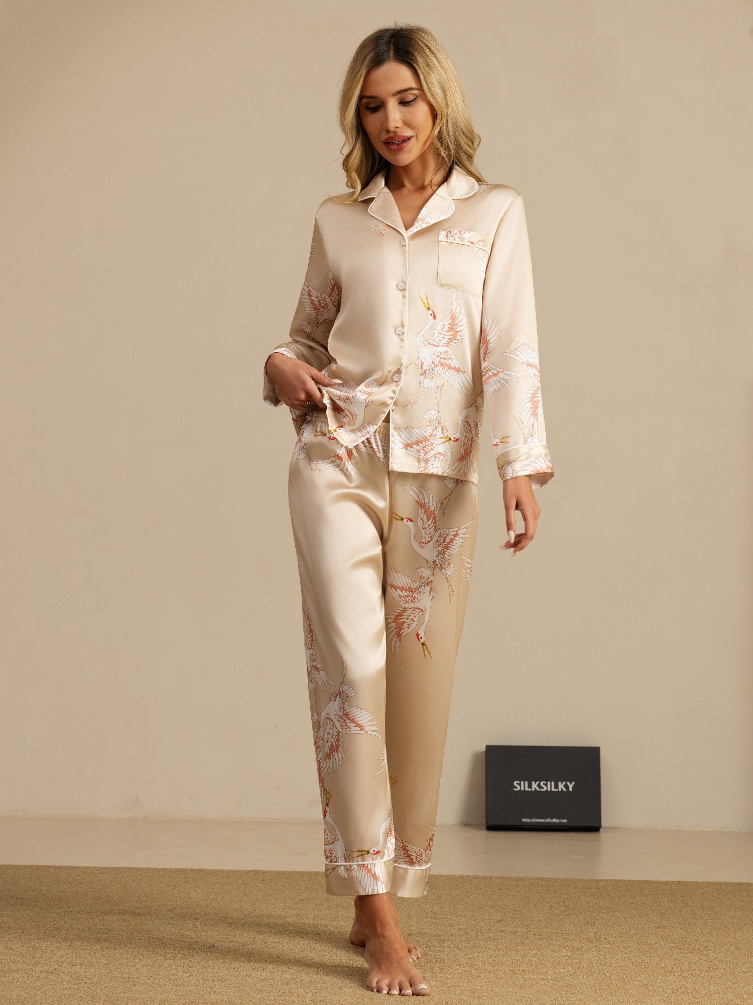 [Champagne] SilkSilky  19Momme Long Sleeve Notch Collar Women's Pajamas 006