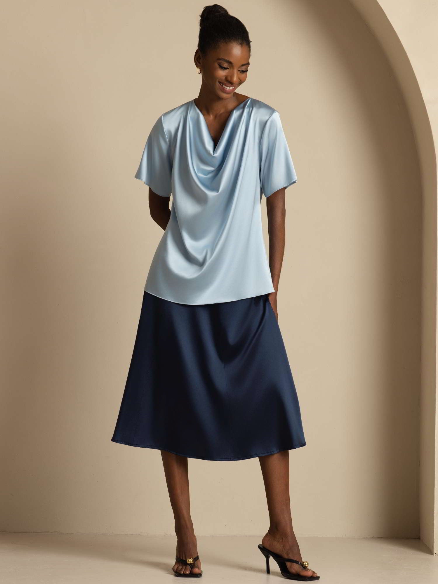 [Grayish Blue] SilkSilky  19Momme Silk Short Sleeve Cowl Neck Blouse 007