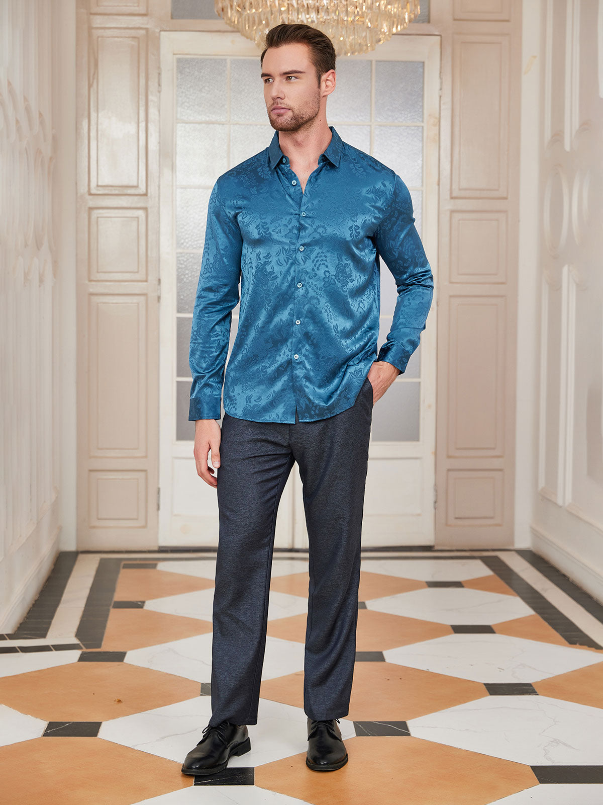 [Teal] SilkSilky  Silk Collar Men's Shirt 005