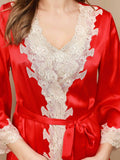 SilkSilky US Pure Silk 3/4 Sleeve Nightgown&Robe Set Red 008