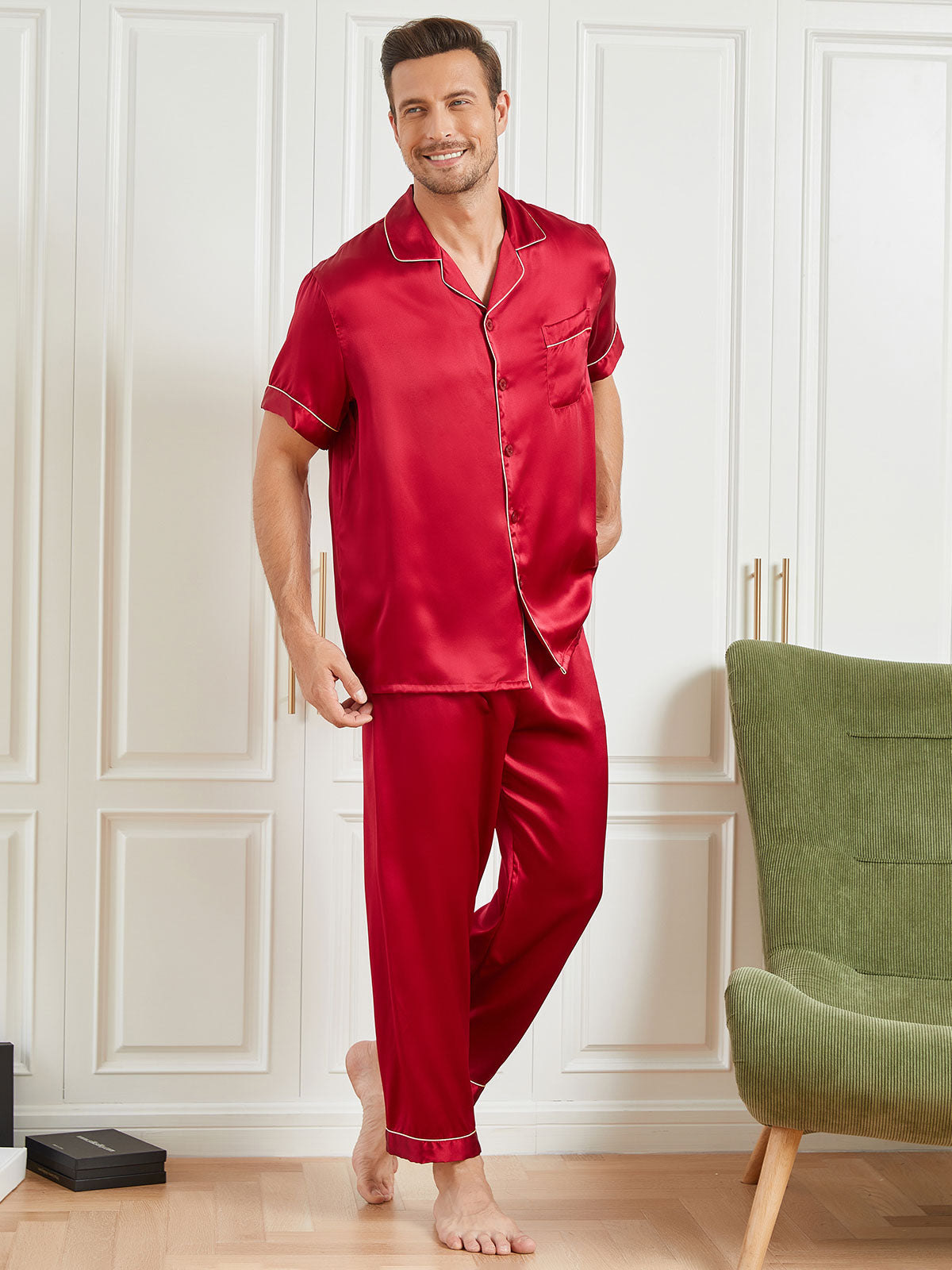 [Red] SilkSilky  19Momme Short Sleeve Men's Pajamas 005