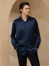[Dark Blue] SilkSilky 19Momme Stretch Silk Charmeuse Long Sleeve Lapel Collar Men's Shirt 003