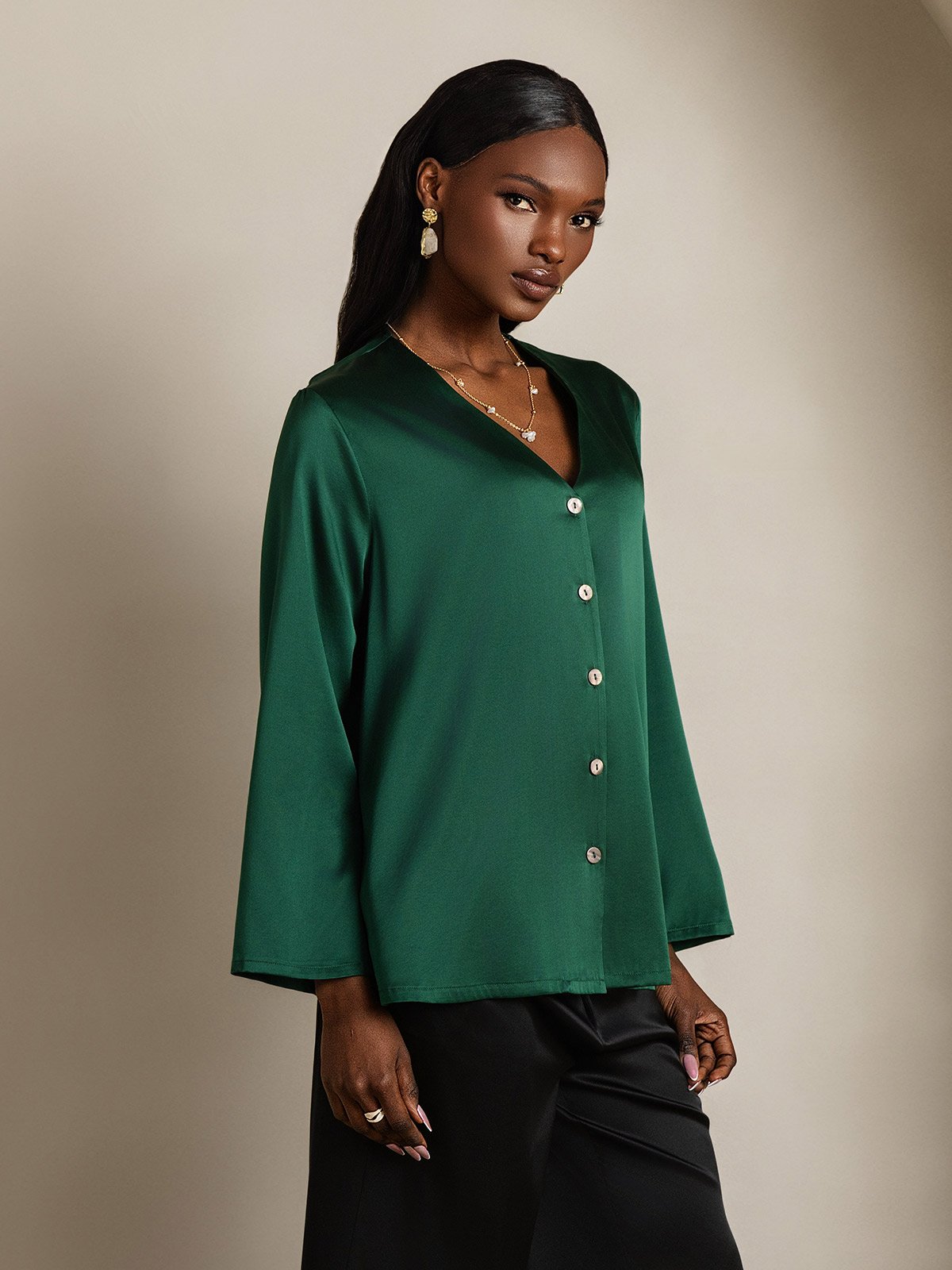 [Dark Green] SilkSilky  19Momme Silk V Neck Women's Shirt 006