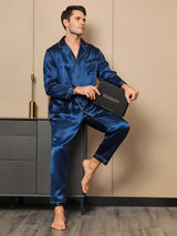 [Dark Blue] SilkSilky  Long Sleeve Notch Collar Men's Pajamas 001