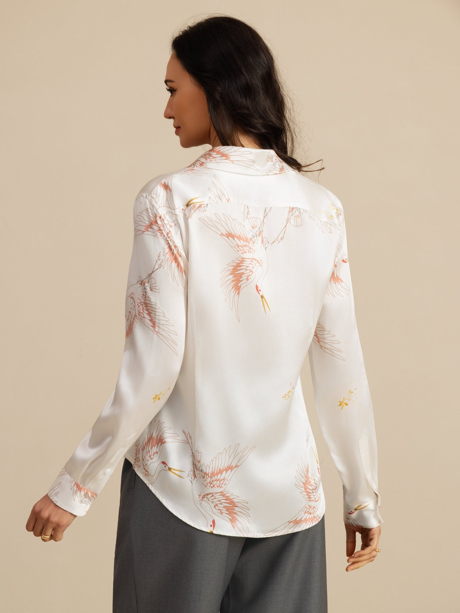 [White] SilkSilky  19Momme Long Sleeve Lapel Collar Women's Shirt 002