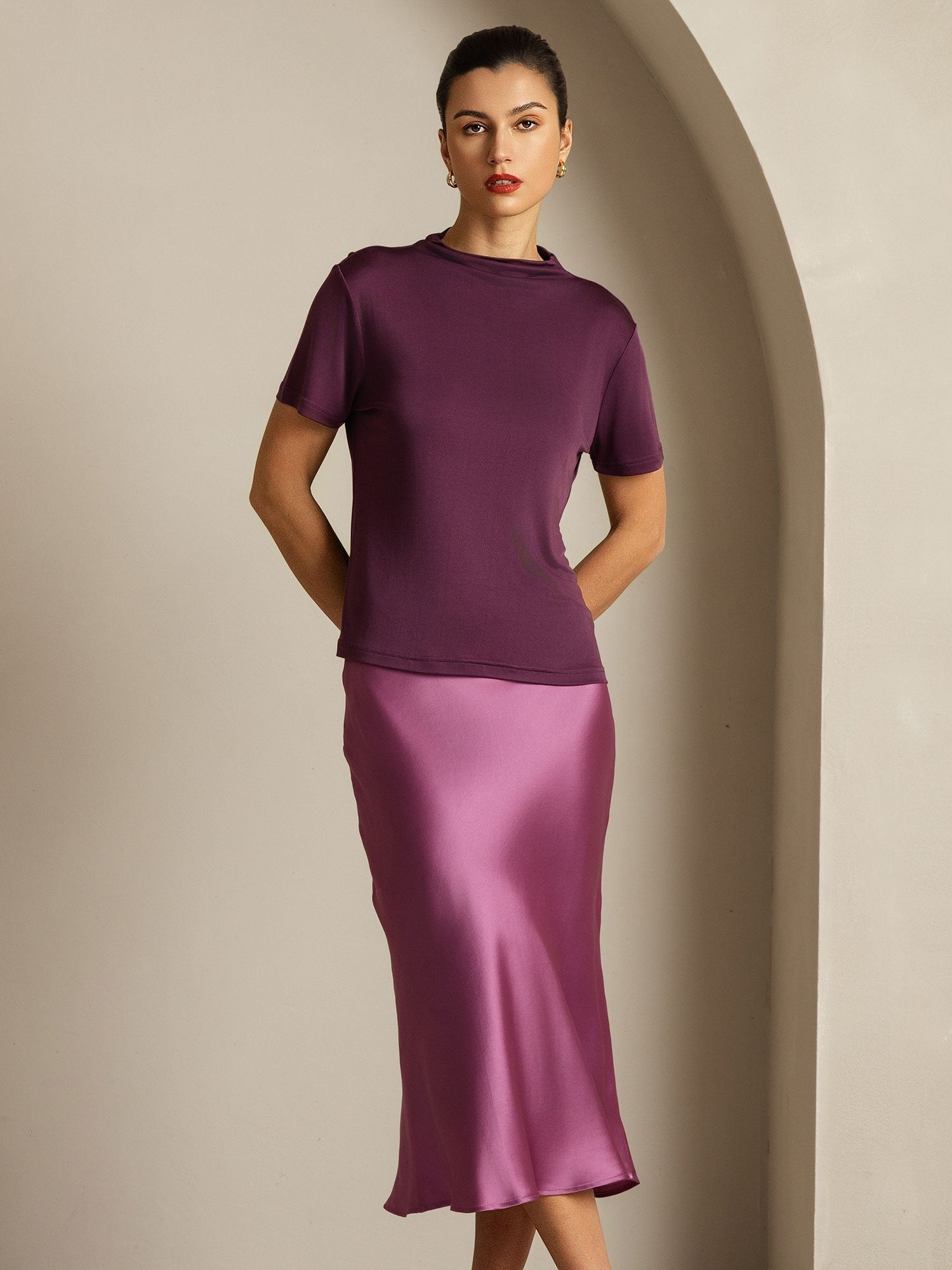 [Purple] SilkSilky  Pure Silk Collar Women's T-Shirt 008