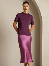 [Purple] SilkSilky  100% Silk Jersey Short Sleeve Mock Neck Women's T-Shirt 008