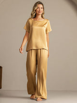 [Tan] SilkSilky  19Momme Machine-Washable Silk Short Sleeve Women's Pajamas 007
