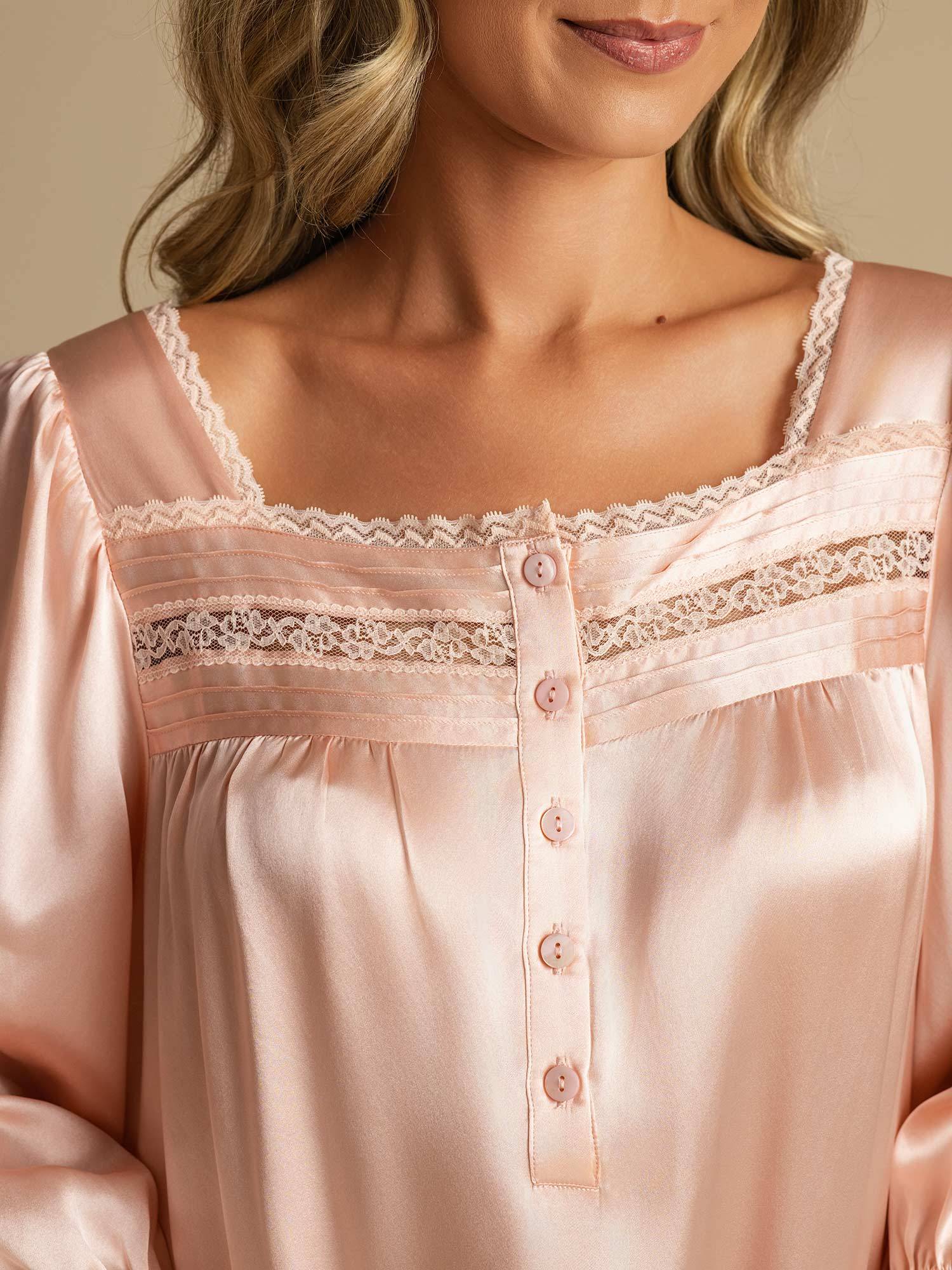 [LightPink] SilkSilky Pure Silk Square Neck Nightgown 004