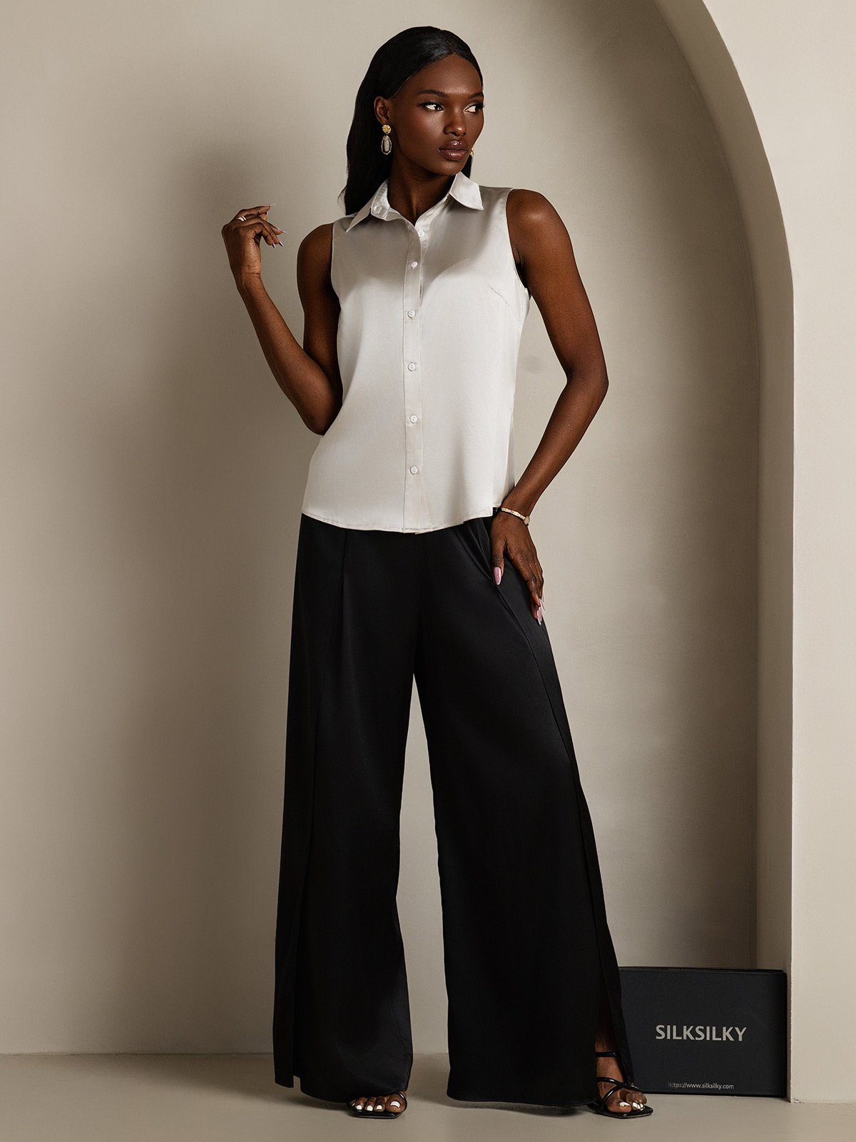 SilkSilky 19Momme Silk Sleeveless Collar Women's Shirt LightGray 007