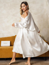 [White] SilkSilky  Long Sleeve V Neck Nightgown&Robe Set 002