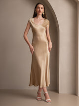 [Champagne] SilkSilky  19Momme Stretch Silk Charmeuse Cap Sleeve Scoop Neck Dress 004
