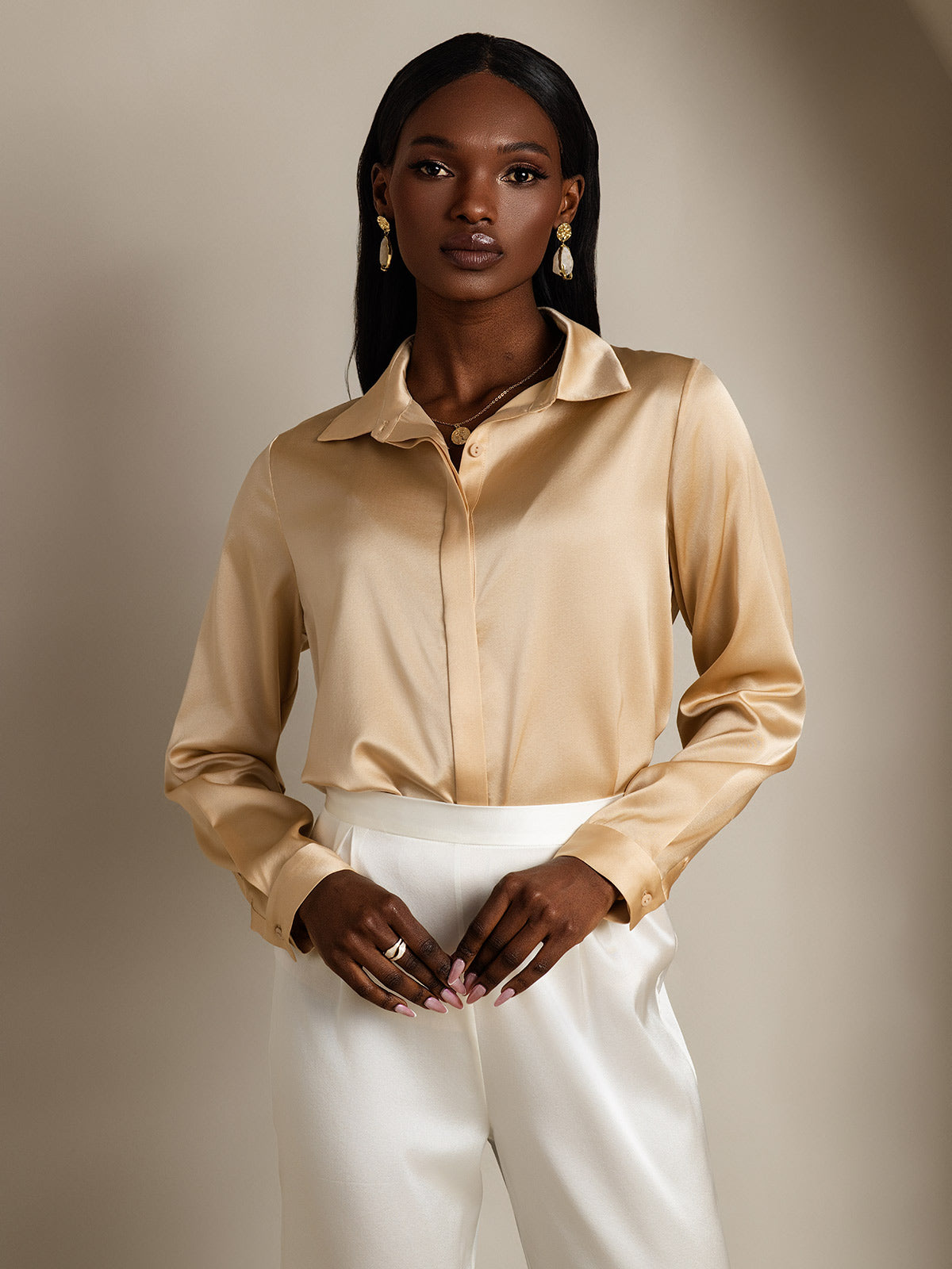 SilkSilky  19Momme Silk Blend Long Sleeve Collar Women's Shirt Champagne 003