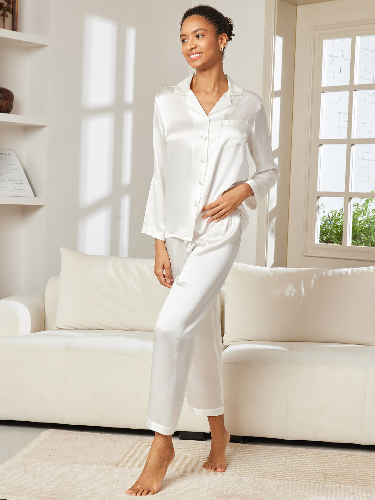 SilkSilky US Pure Silk Long Sleeve Lapel Women's Pajamas White 004