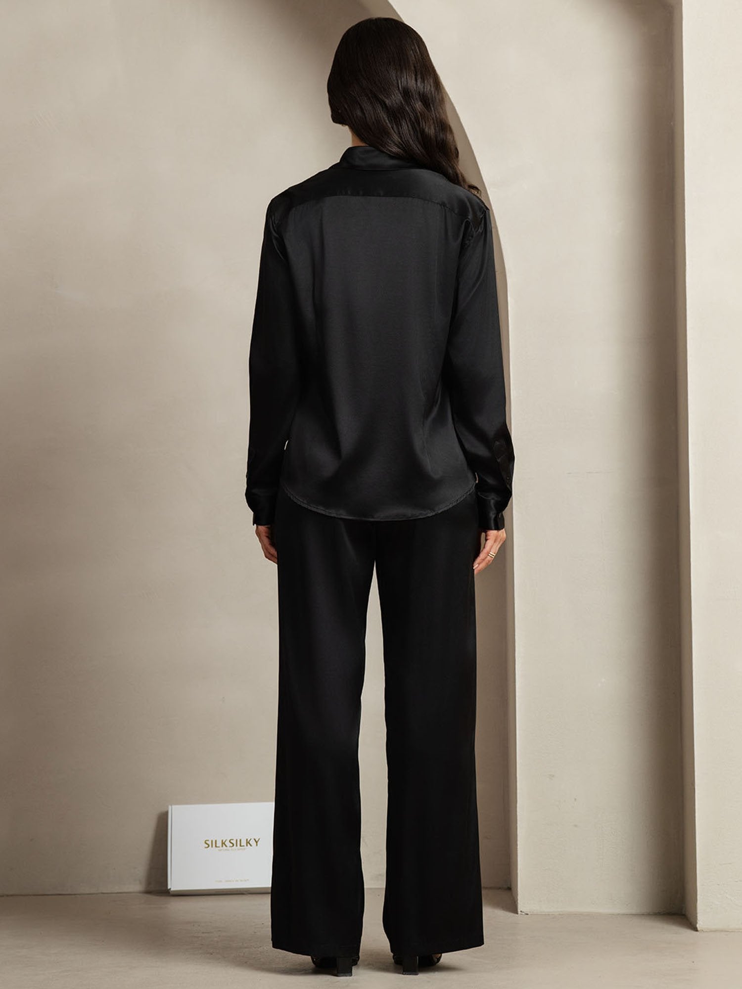 [Black] SilkSilky 19Momme Silk Lapel Collar Women''s Outfit Sets 002