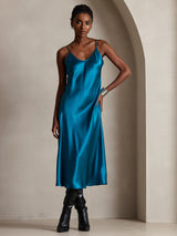 [Teal] SilkSilky  Pure Silk Spaghetti Strap V Neck Dress 001