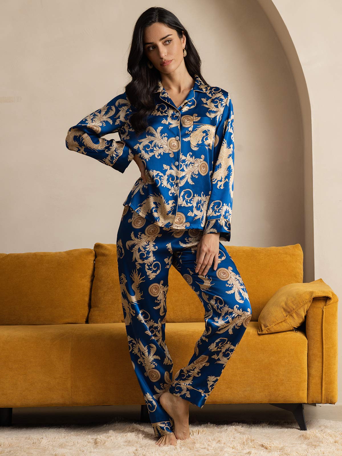 SilkSilky  Pure Silk Long Sleeve Lapel Women's Pajamas Blue 006