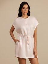 [Pink] SilkSilky 18Momme Silk Satin Surah Cap Sleeve Henley Neck Dress 001