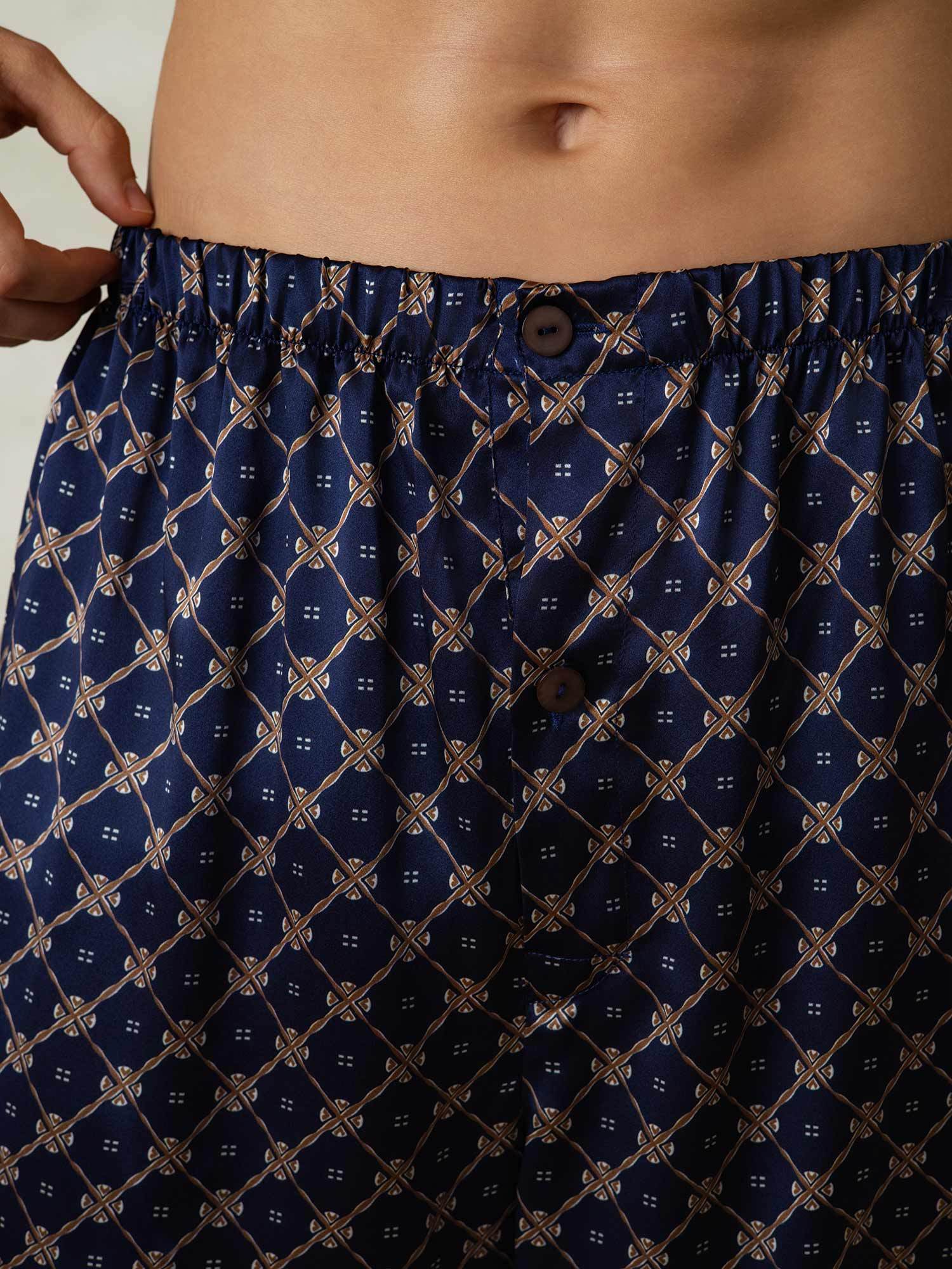 [Navy Chain] SilkSilky  Pure Silk Mens Sleep Bottoms 006,