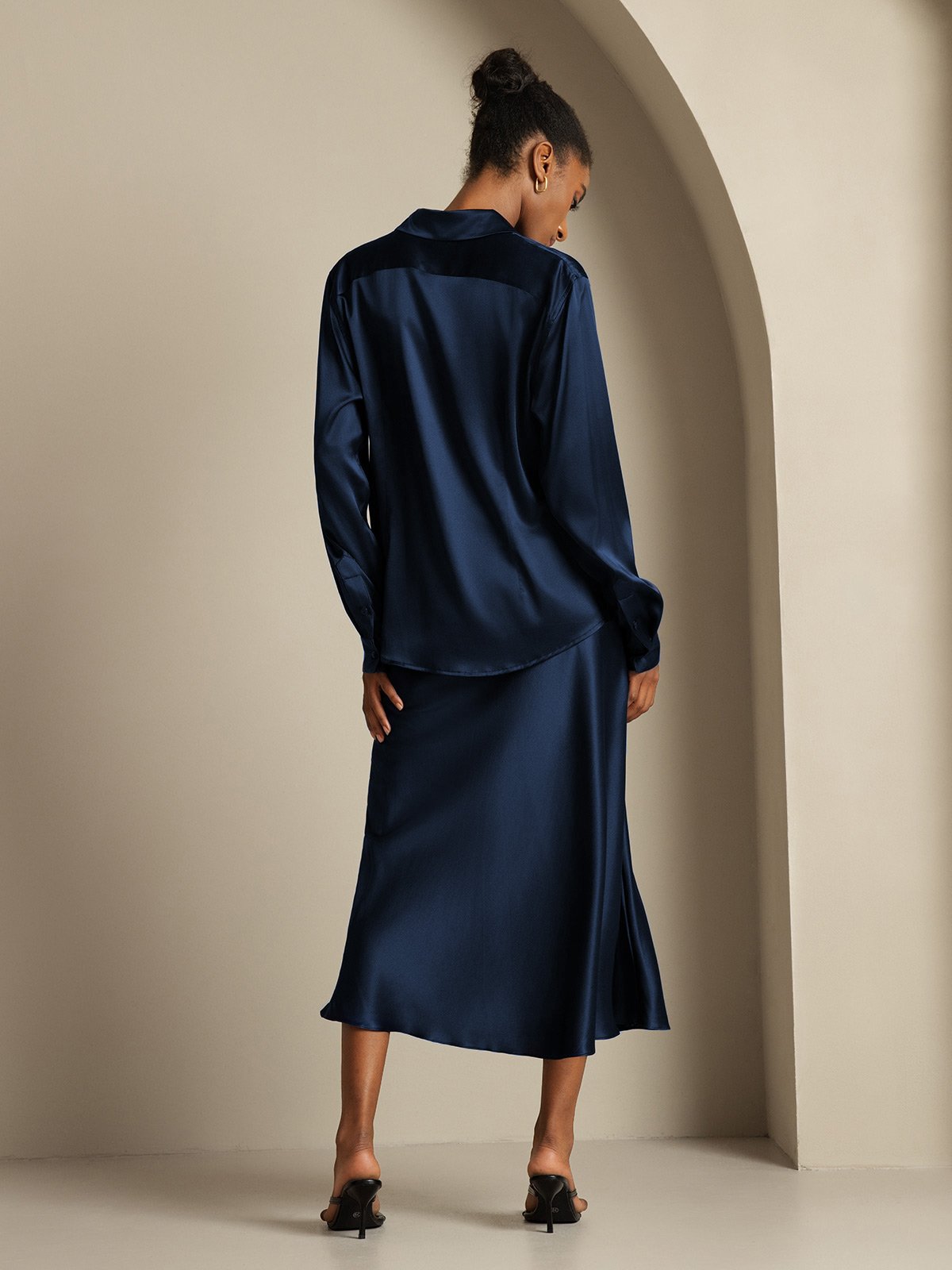 [Dark Blue] SilkSilky  19Momme Silk Lapel Collar Women''s Outfit Sets 002,