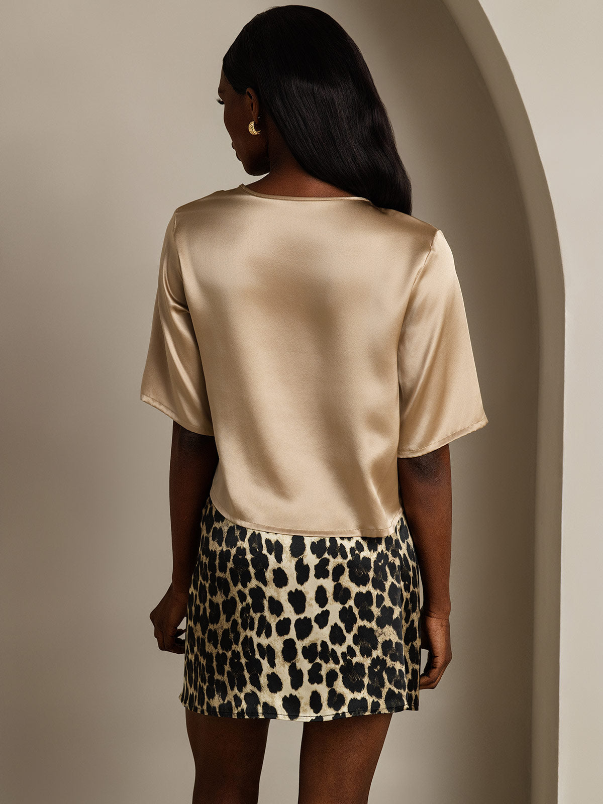 [Champagne] SilkSilky  Pure Silk Boat Neck Women's T-Shirt 002