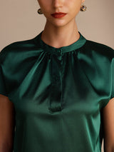 [Dark Green] SilkSilky Short Sleeve Split Women's Blouse 004