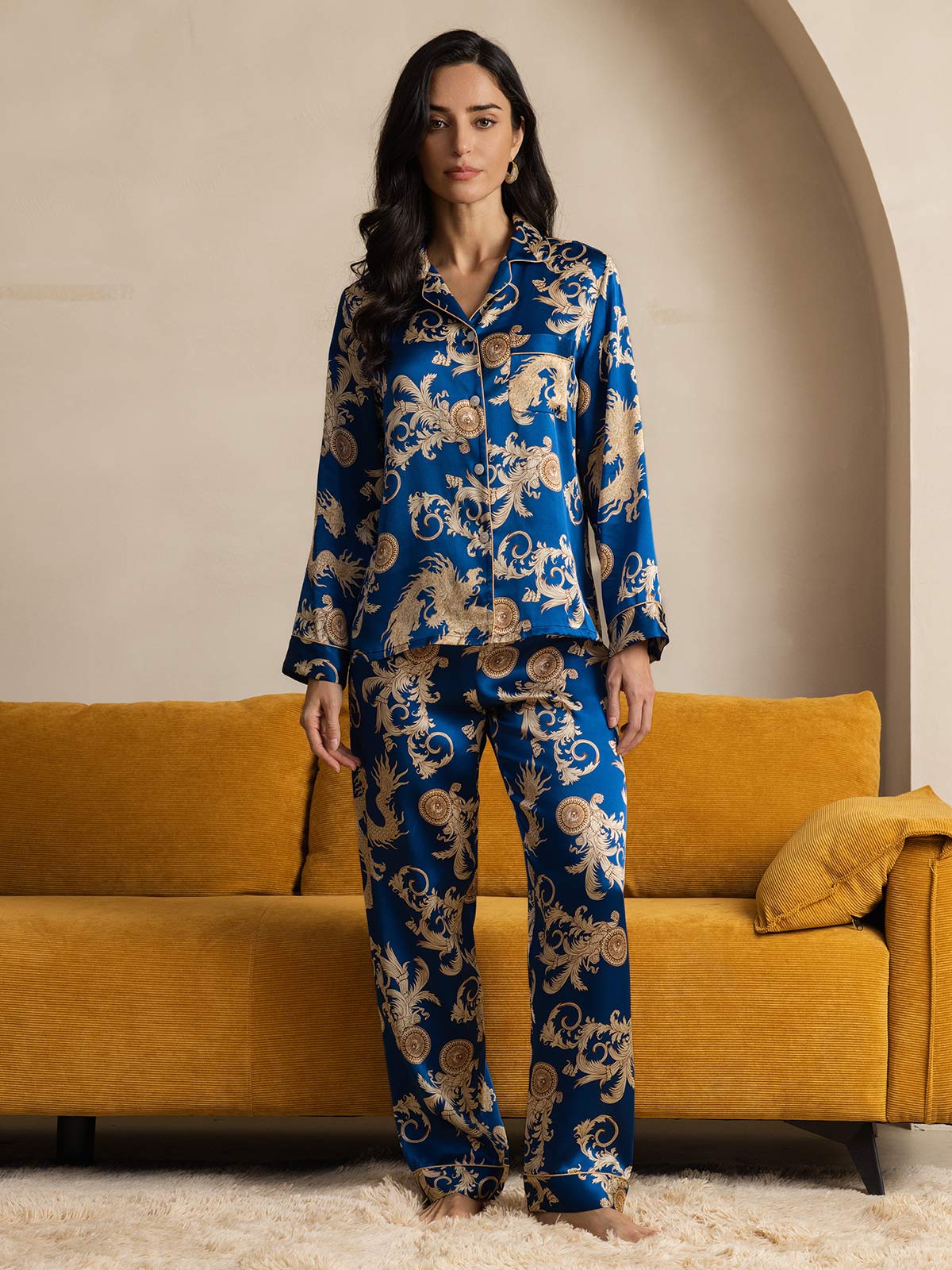 SilkSilky  Pure Silk Long Sleeve Lapel Women's Pajamas Blue 007