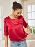 SilkSilky US Pure Silk Half Sleeve Boat Neck Women's T Shirt DarkRed 003