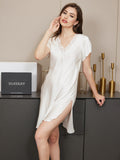 SilkSilky US Pure Silk Short Sleeve V Neck Nightgown White 004