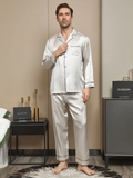 SilkSilky US 19Momme Pure Silk Long Sleeve Lapel Men's Pajamas LightGray 004